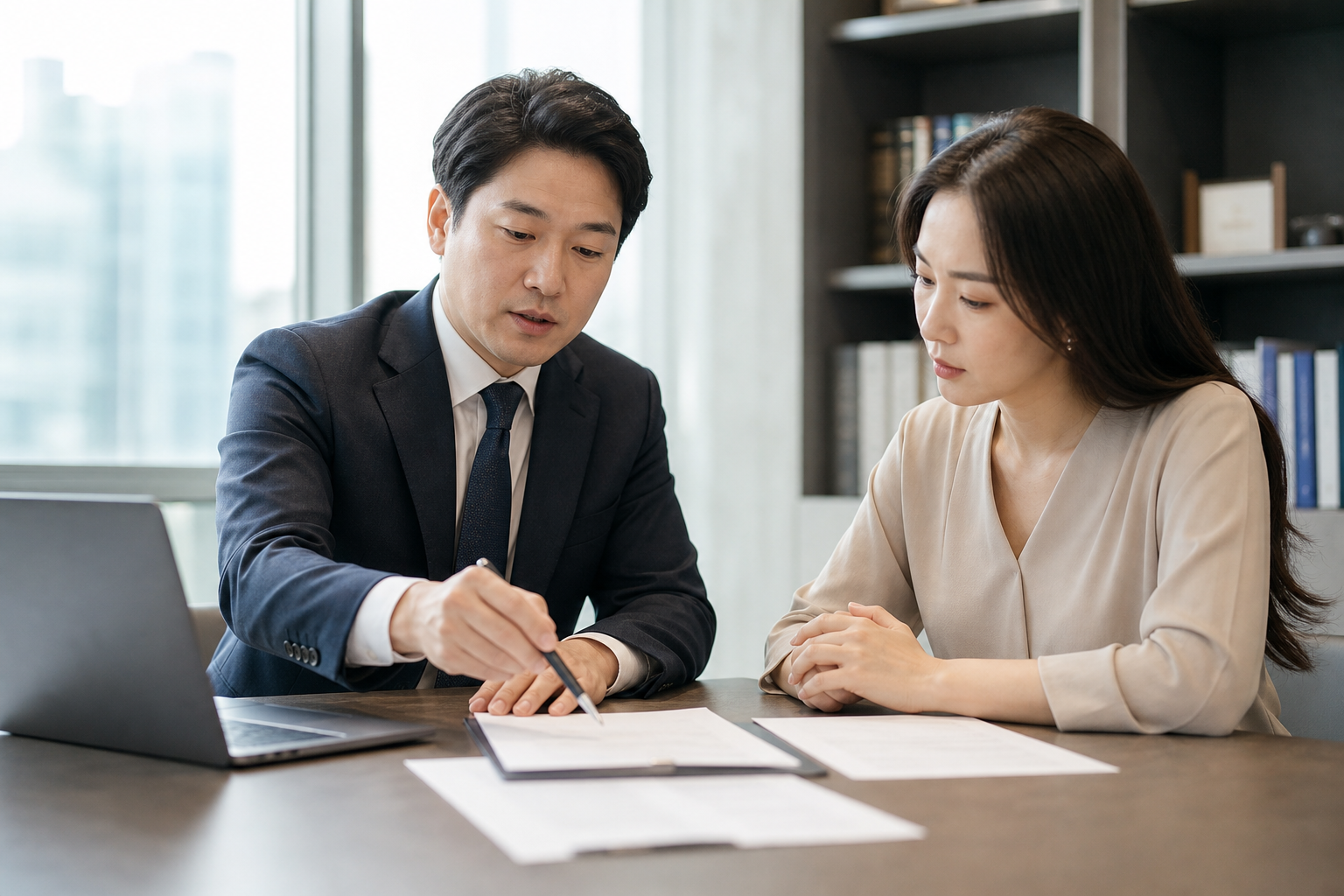 변호사가 상담에서 서류를 설명하는 장면